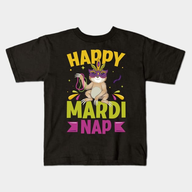 Happy Mardi Nap Lazy Sloth Wearing Carnival Mask Mardi Gras Kids T-Shirt by Pizzan